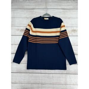 Vintage 70's White Stag Striped Crewneck Sweater Mens XL Navy Blue Cream Brown